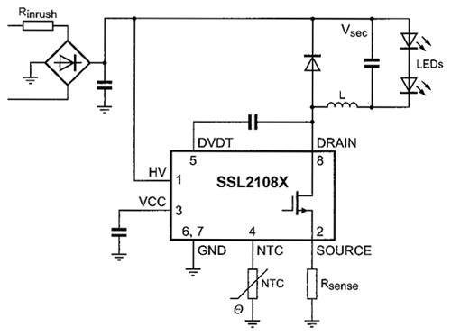 Diagram of NXP SSL21082 converter operates at the boundary between continuous and discontinuous mode