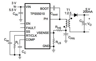 Image of Simplified schematic of flyback regulator circuit using the TPS55010