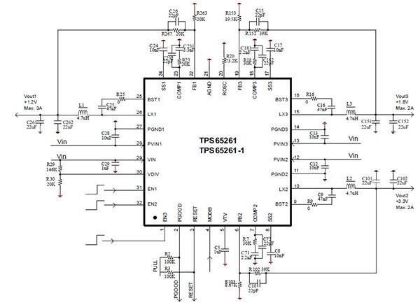 Diagram of Texas Instruments triple-output synchronous step-down converter