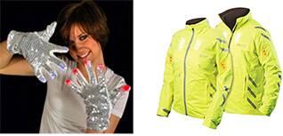 Image of sequined gloves LEDs and Visijax electronic cycle jacket