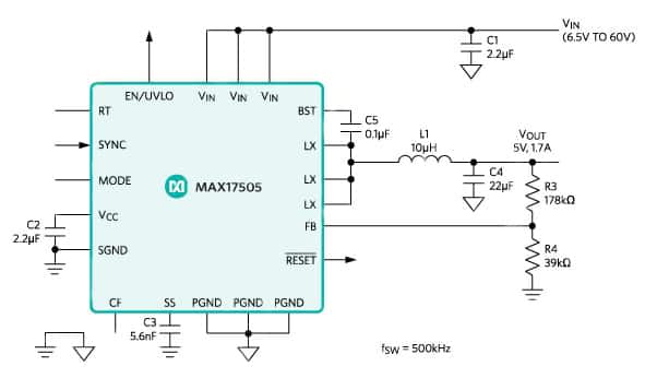 Diagram of Maxim Integrated MAX17505 synchronous step-down DC/DC converter