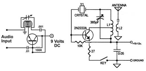 Image of two good, low-cost, single-transistor AM-transmitter designs