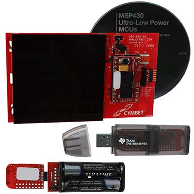 The eZ430-RF2500-SEH evaluation kit from Texas Instruments connects a solar panel to a low power microcontroller and a 2.4GHz wireless transceiver to connect a sensor node to the Internet of Things