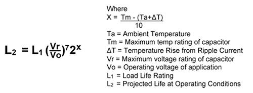 Formula to estimate lifespan for metalized film capacitors, which have a much longer lifespan than classic electrolytics, note exp. 7. (Source: Illinois Capacitor)