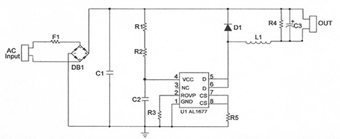 In a typical application, the AL1677 from Diodes Inc. lowers the BOM by removing the auxiliary winding and high-voltage MOSFETs normally used, while yet achieving high efficiency of more than 90% (Source: Diodes Inc.)