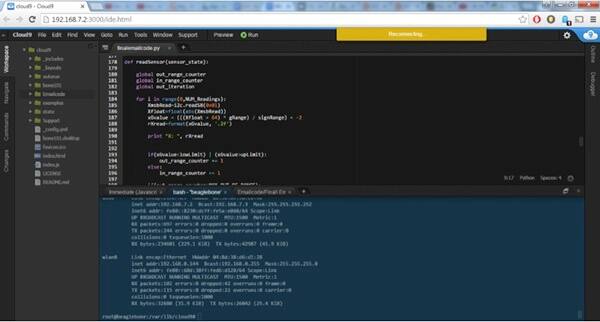 Screenshot of the Cloud9 IDE showing Python code and terminal