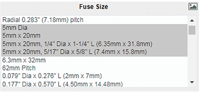 在 Digi-Key 零件搜索区域中选择 5 mm 的保险丝尺寸