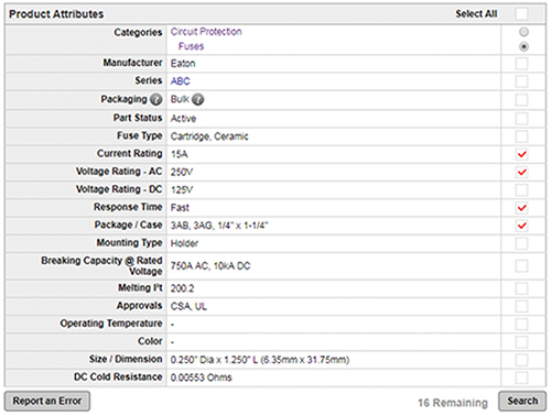 选择与 Eaton 的 BK/ABC-15R 保险丝座有关的快速筛选条件的图片