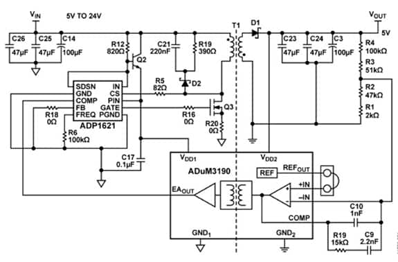 Analog Devices ADuM3190 磁性隔离放大器和 ADP1621 升压 DC-DC 切换控制器示意图