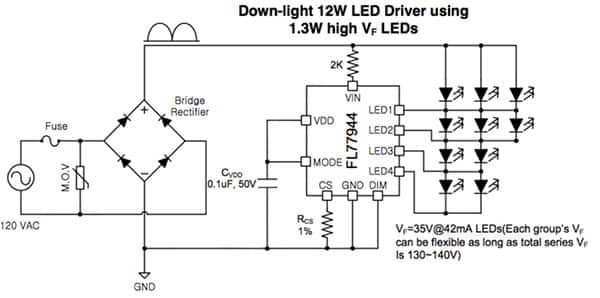 Diagram of 12 W, 120 VAC LED down-light using the ON Semiconductor FL77944