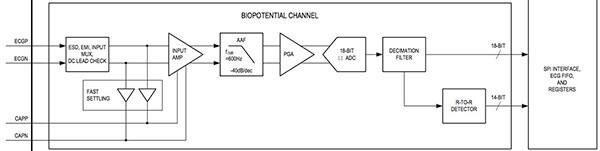 Diagram of Maxim Integrated MAX30001 bioimpedance channel (click to enlarge)