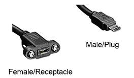 Image of female/receptacle and male/plug USB Type Micro B connector