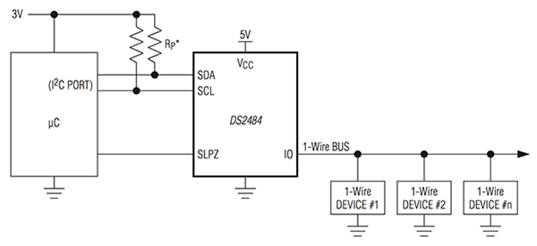 Diagram of Maxim DS2484 connecting multiple 1-Wire devices