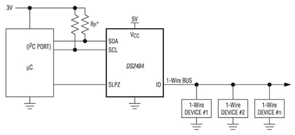 Diagram of Maxim DS2484 connecting multiple 1-Wire devices