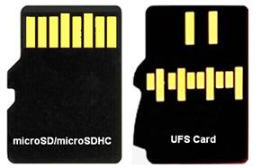 microSDHC 卡（左）和 UFS 卡（右）的图片