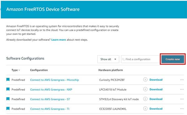 AWS IoT 控制台中的 a:FreeRTOS 设备软件图片