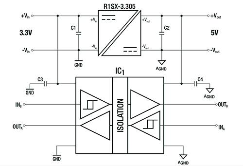 RECOM 的 R1SX-3.3-5 DC/DC 转换器示意图