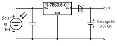 RECOM 的 R-78S3.6-0.1 用作升压转换器的示意图