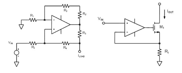 运算放大器（左）或带 MOSFET 升压输出的运算放大器（右）示意图