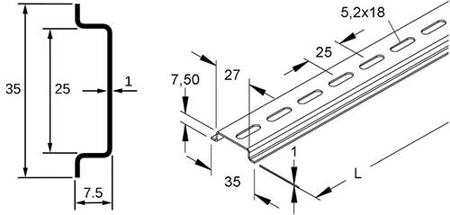 Diagram of basic profile of the EN 60715 7.5 mm DIN rail