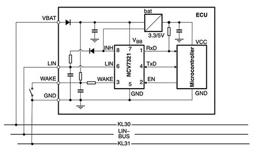 ON Semiconductor 的 NCV7321D12R2G LIN 收发器应用原理图