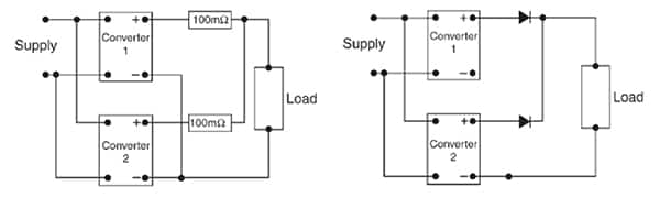 分流电阻器（左图）或隔离二极管（右图）示意图