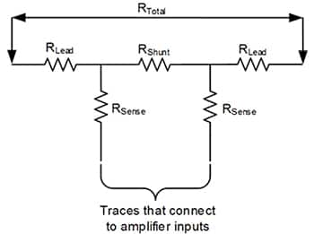 描绘杂散电阻的两端子分流电阻器连接图
