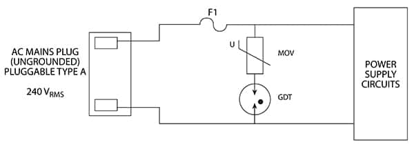 MOV 和 GDT 可以串联在交流电火线和中性线之间示意图