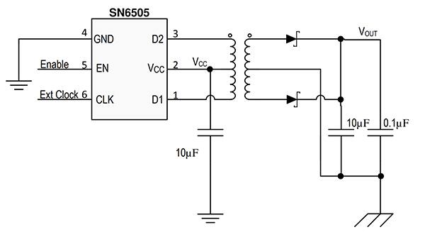 Texas Instruments SN6505 变压器驱动器与 Würth Elektronik 750315371 隔离变压器组合示意图