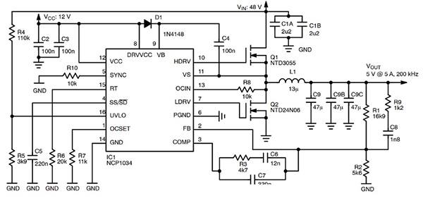 ON Semiconductor 的 NCP1036 同步降压控制器 IC 应用电路图（点击放大）
