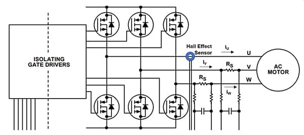 三相电机驱动器系统示意图（U、V 和 W）