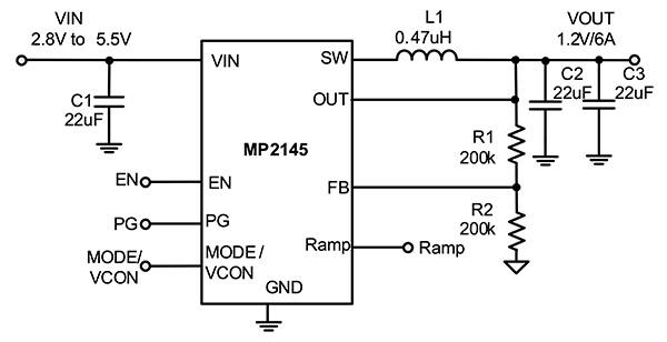 单片电源系统 MP2145 5.5 V、6 A 同步降压开关稳压器图