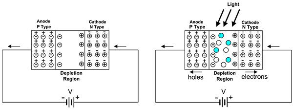 反向偏置电压光电二极管产生的电流与光强度成正比的图（点击放大）。