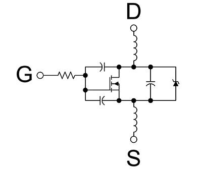 MOSFET 显示寄生电容和电感的示意图