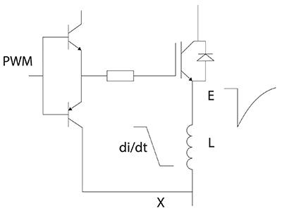 开关和驱动器基准之间的“x”点存在较小的发射极电感示意图