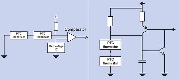 使用 PTC 热敏电阻的两种常见温度监测方案示意图