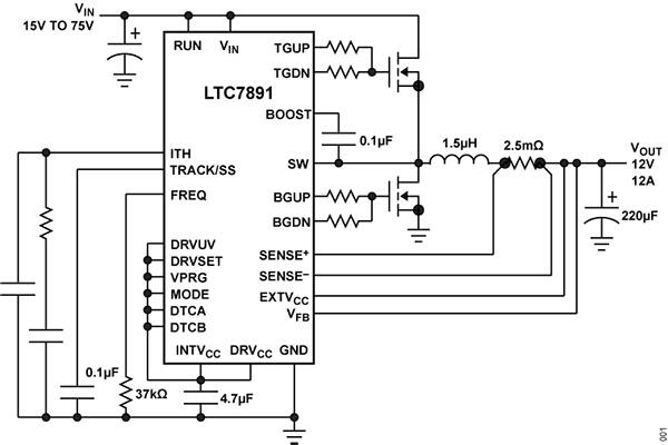 使用 ADI 28 引脚 LTC7891 的降压稳压器原理图