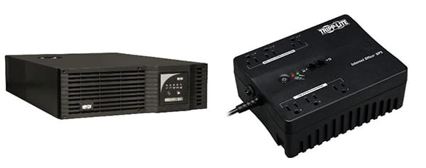 Image of Tripp Lite's SMART5000TEL3U Rackmount UPS (left) and the INTERNET350U Desktop UPS (right)