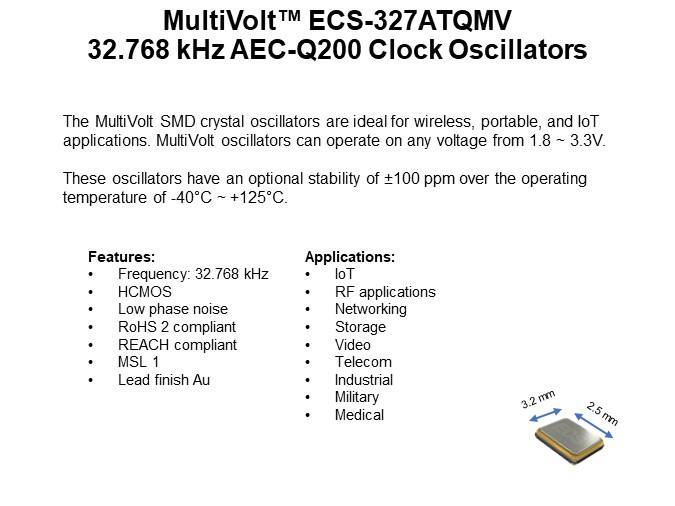 MultiVolt™ ECS-327ATQMV 32.768 kHz AEC-Q200 Clock Oscillators