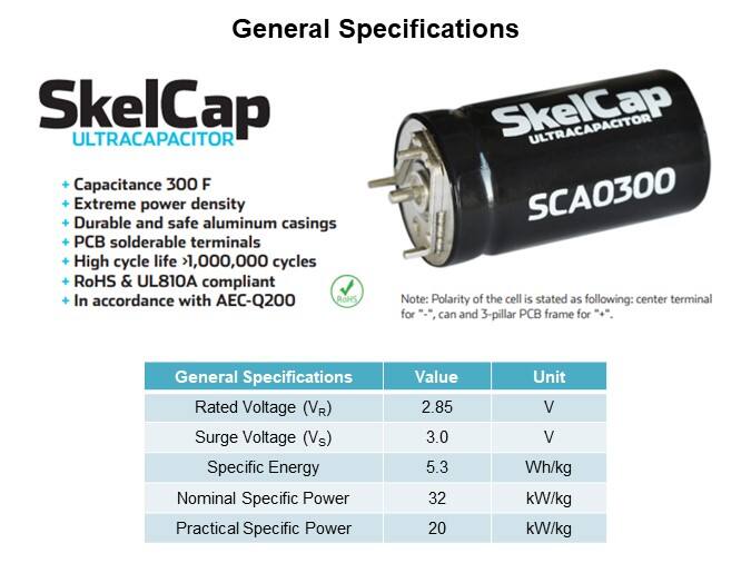 Skeleton Technologies SkelCap SCA0300 Ultracapacitor Cell - General Specifications