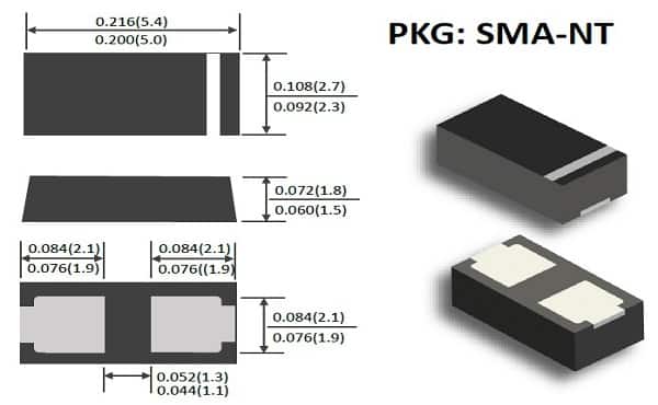 Patented package SMA-NT/SOD-123NT maximizes power density in the same volume in the industry.