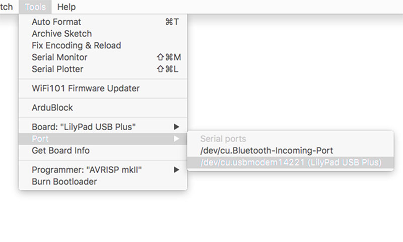 Go to Tools > Port menu, select &ldquo;LilyPad USB Plus&rdquo;